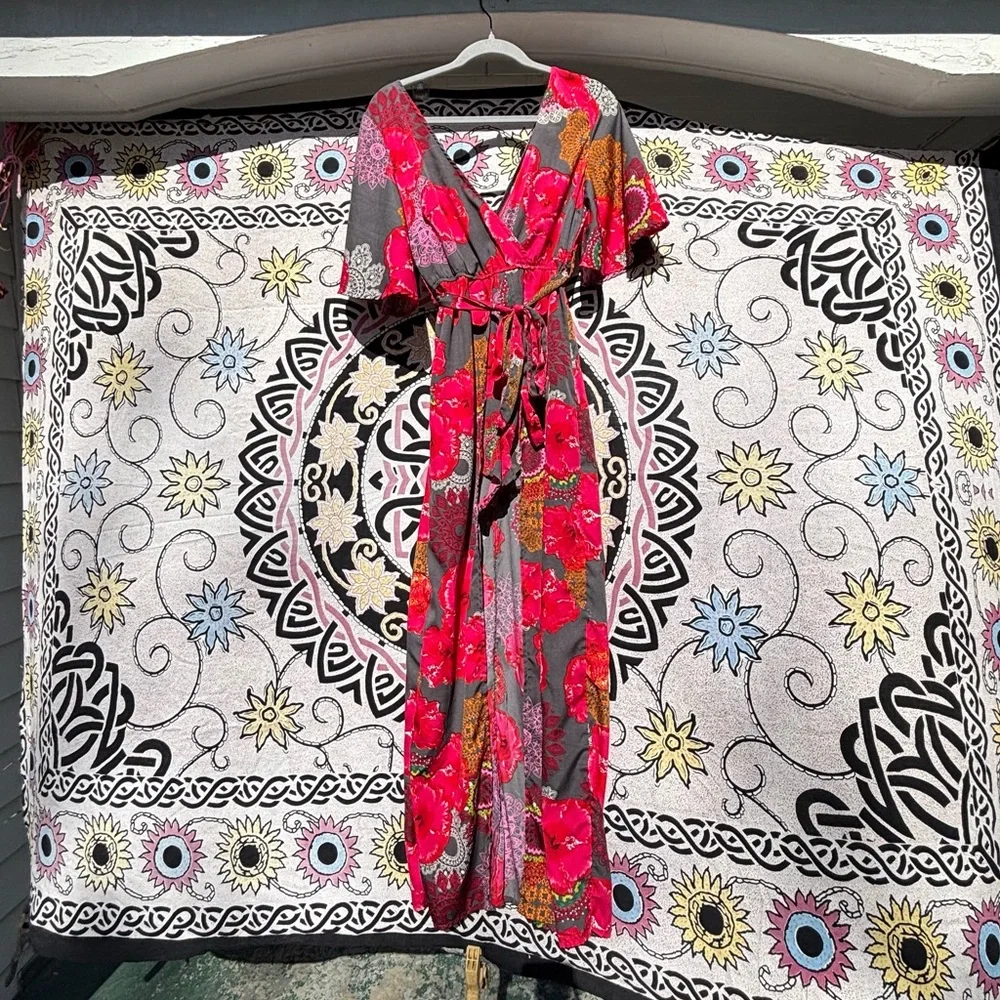 True Destiny Floral Kimono Dress Under Short Cape Skirt w/ Tie Waist Size Medium - Picture 3 of 16